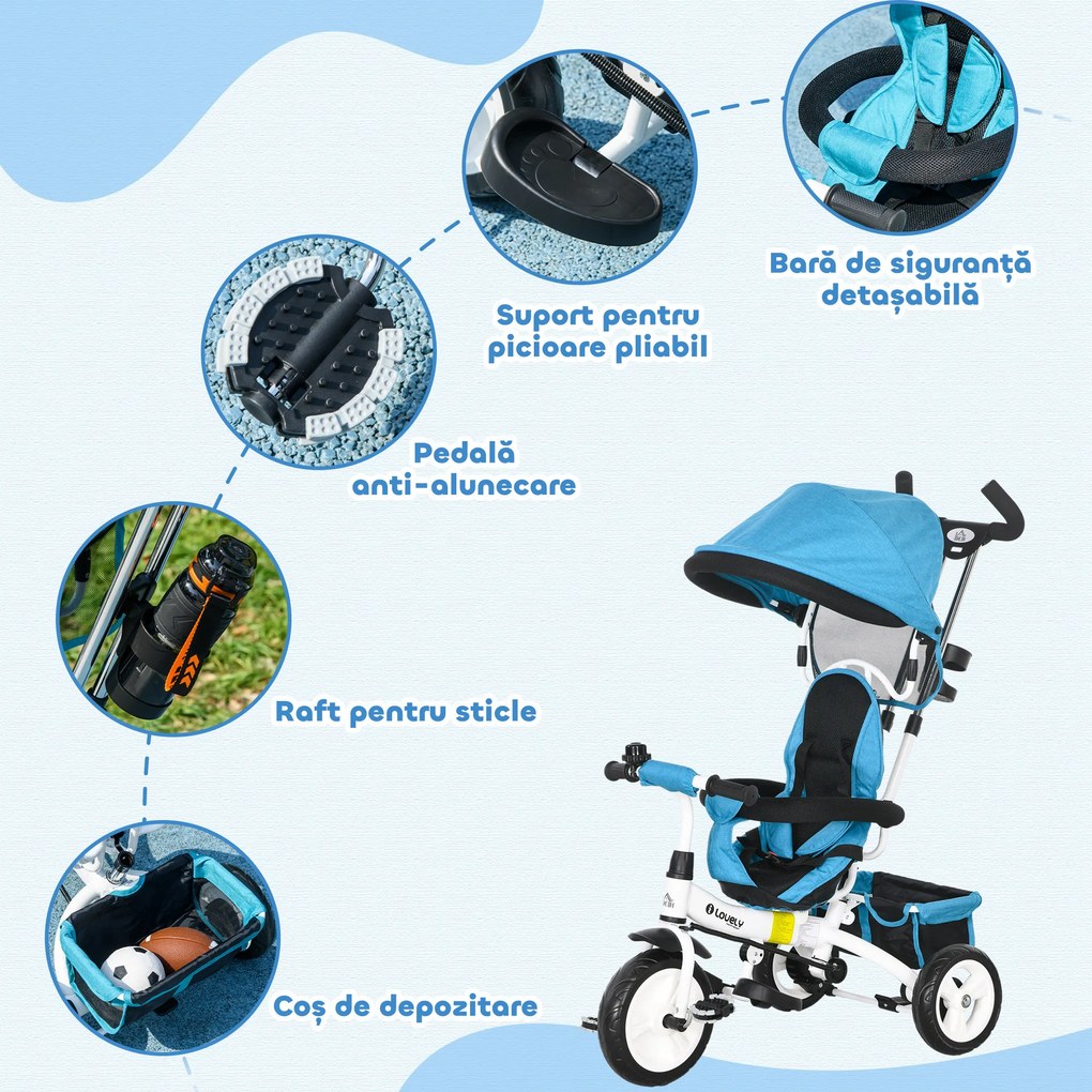 HOMCOM Tricicletă pentru Copii cu Mâner, 95x50x106 cm, Albastru | Aosom Romania