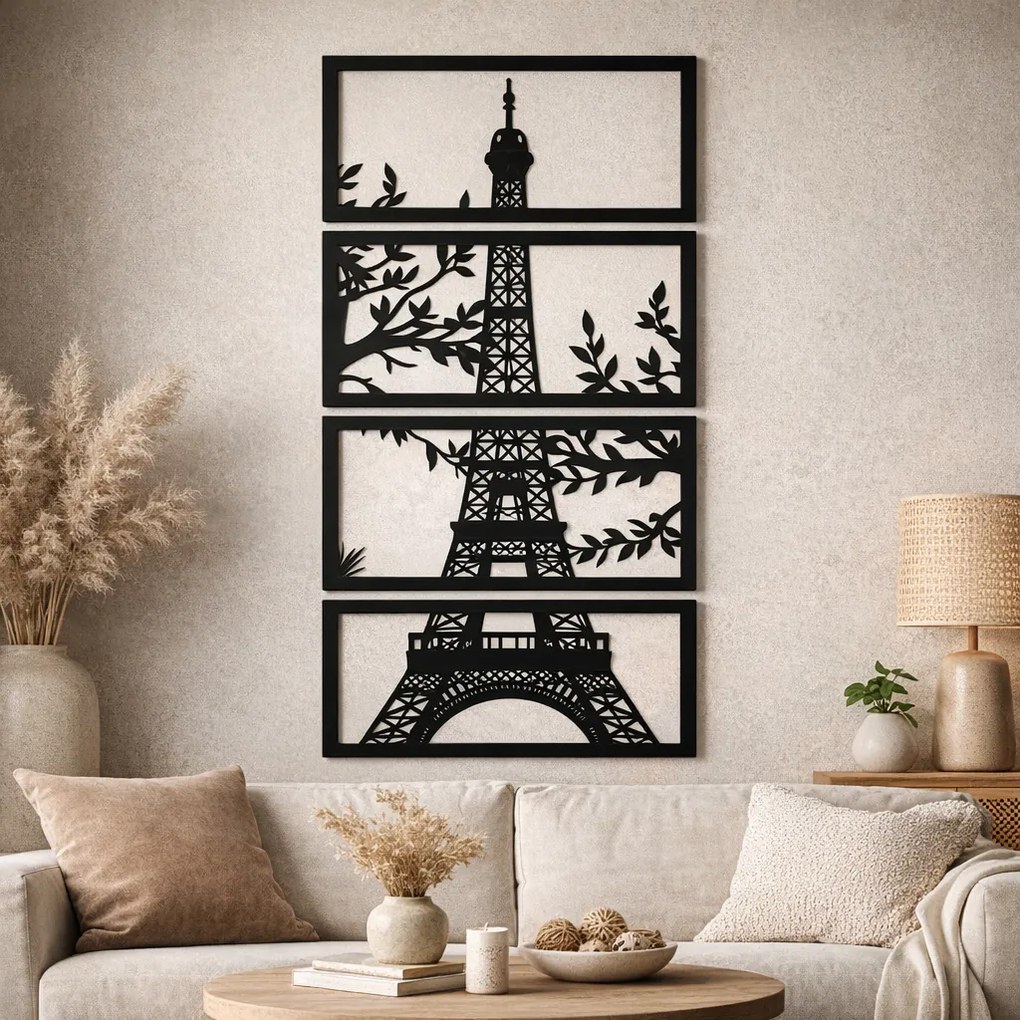 Decorațiune de perete Turnul Eiffel în 4 panouri, siluetă neagră cu frunze 33 x 16 cm