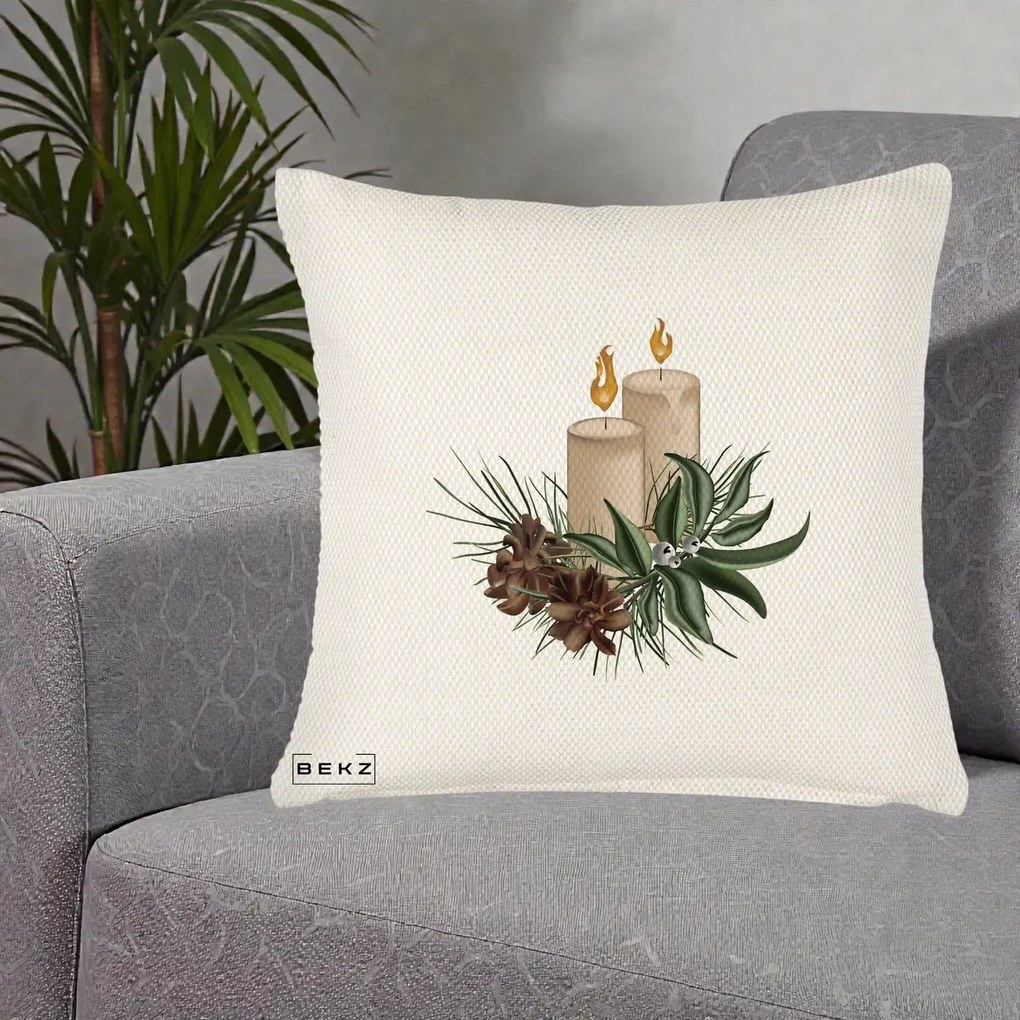 Perna Decorativa Lumanari cu Ilex si Conuri Ilustratie, 40x40 cm, Crem Reliefat, Husa Detasabila, Perna Inclusa, BEKZ®