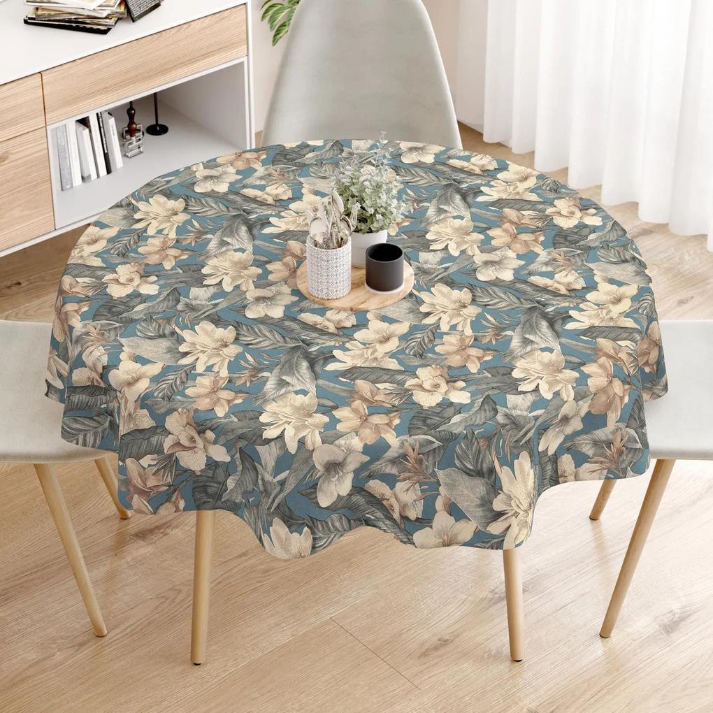 Goldea față de masă decorativă loneta - flori tropicale - rotundă Ø 100 cm