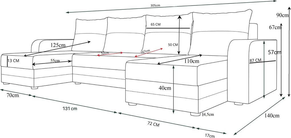 Coltar extensibil in forma de U VALERIO, gri inchis, 305x140 cm