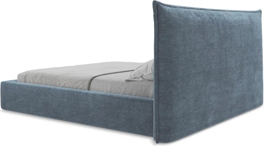 Pat matrimonial albastru tapițat cu spațiu de depozitare cu somieră 180x200 cm Esala – Makamii