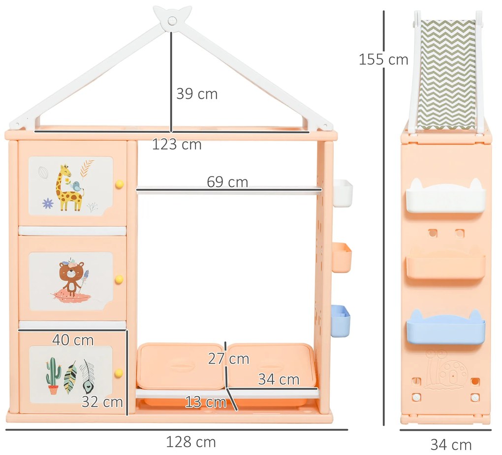 HOMCOM Organizator Jucării cu Containere și Cuier, 128x34x155cm, Portocaliu | Aosom Romania