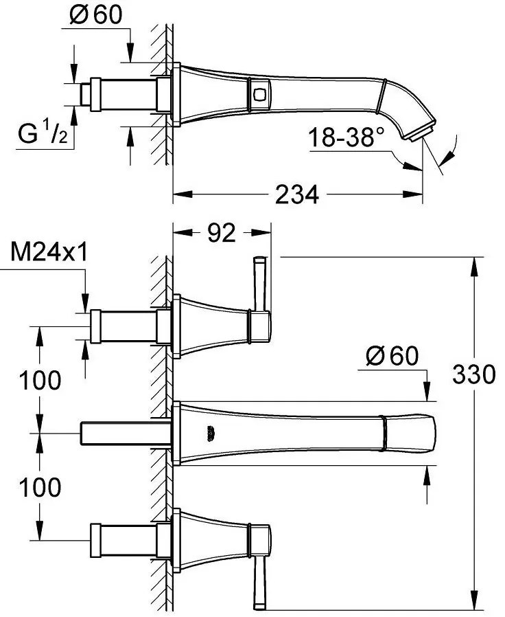 Baterie lavoar incastrata Grohe Grandera, dubla comanda, pipa 23 cm, manere aurii