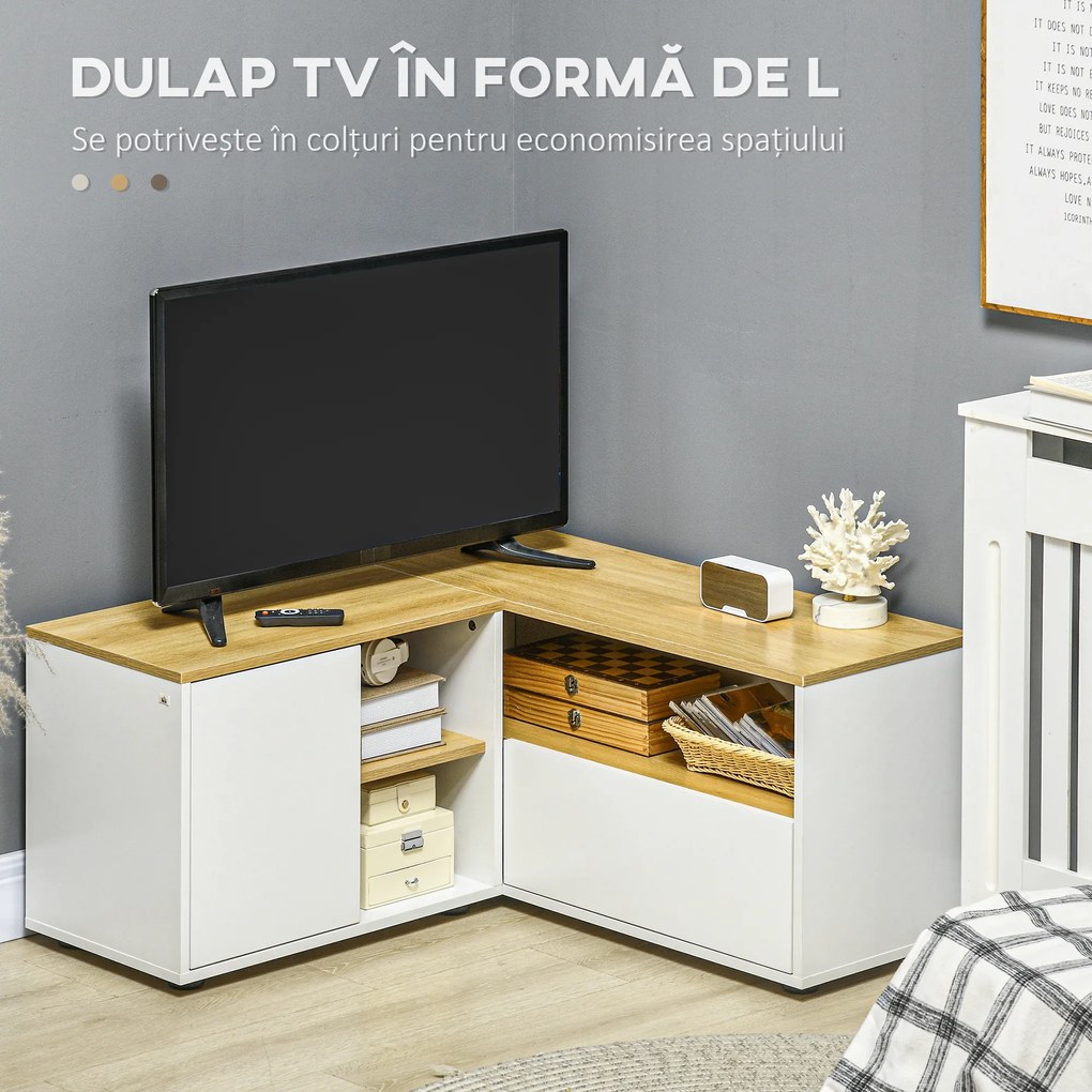 Dulap TV în formă de L pentru televizor de 40" cu 3 rafturi deschise și 2 dulapuri, din PAL, 90x90x45 cm, stejar și alb HOMCOM | Aosom RO