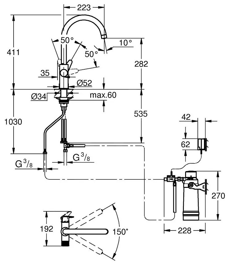 Baterie chiuveta bucatarie crom cu filtru de apa Grohe Blue Pure Baucurve