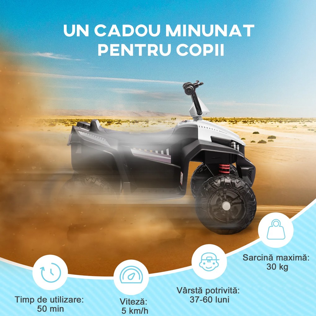AIYAPLAY ATV Electric pentru Copii 12V cu 2 Motoare, Suspensii, Faruri LED, MP3, 37-60 Luni, Interior Exterior, Alb | Aosom Romania