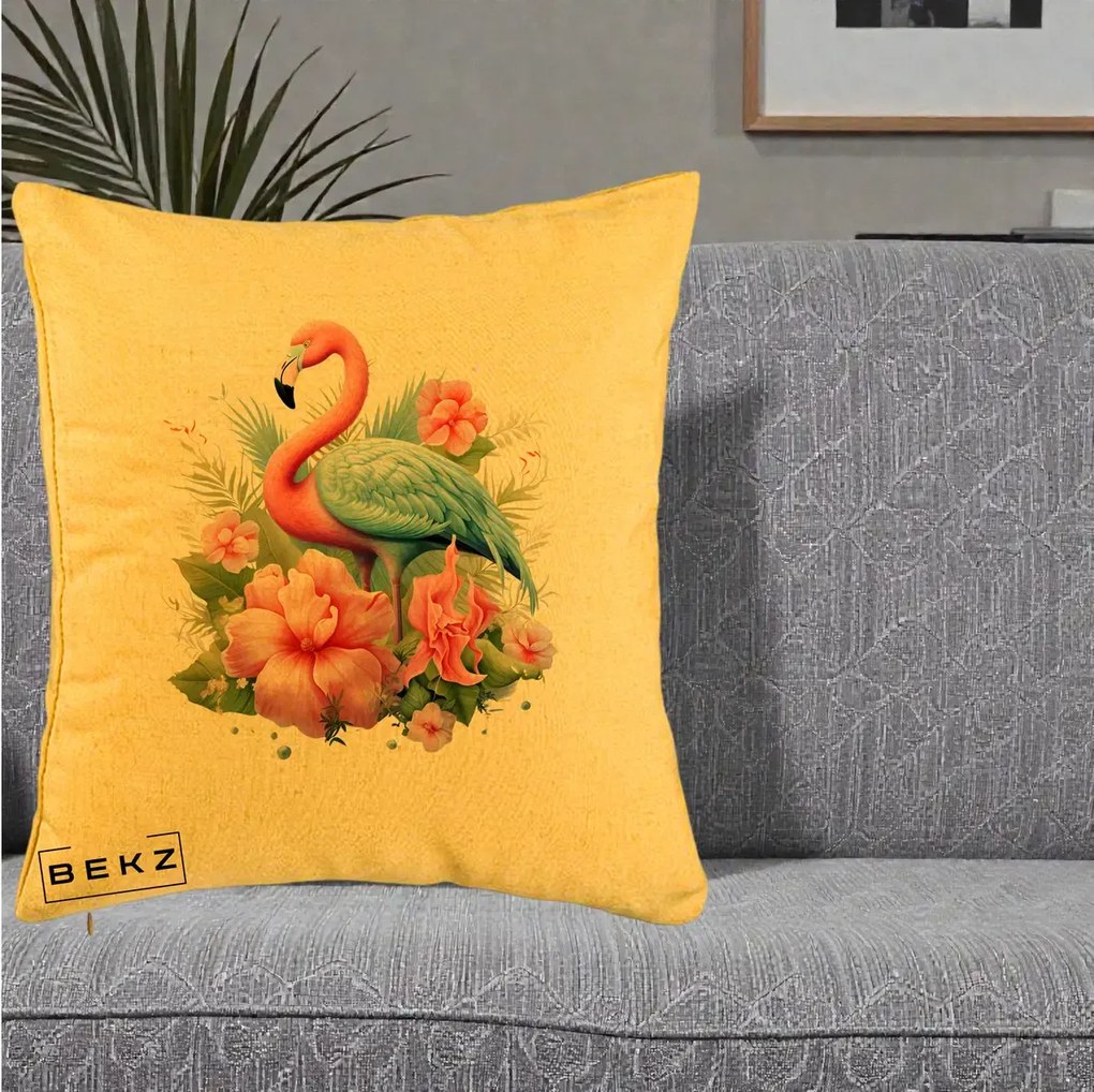 Perna Decorativa Flamingo cu Hibiscus Tropical, 40x40 cm, Galben, Husa Detasabila, Perna Inclusa, BEKZ®