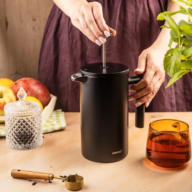 Presă franceză pentru cafea/ceai Kinghoff KH 1996, 1 l, Oțel inoxidabil, Pereți dubli, Negru