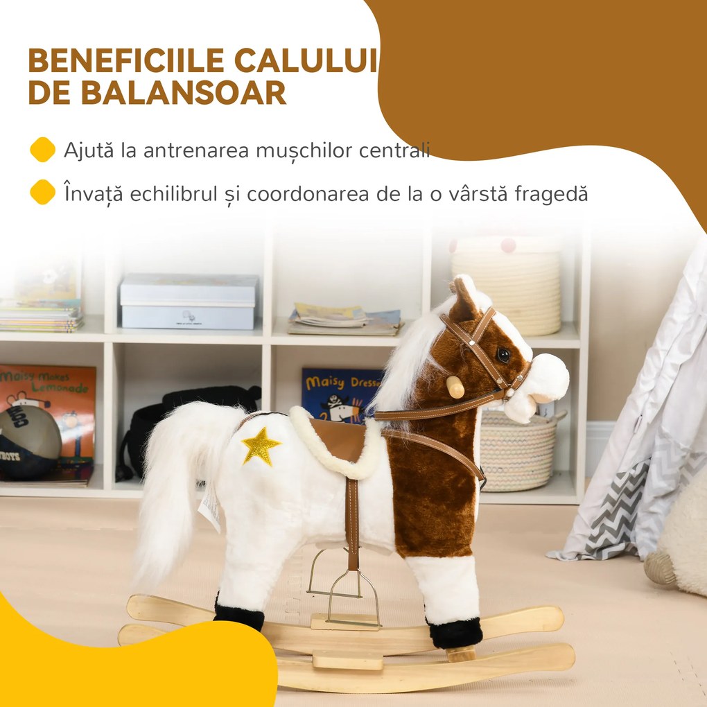 Cal Balansoar cu Sunet Muzical, Cal de Calarit cu Sa Cadou pentru Fetite si Baieti de 3-6 ani, Maro 68x26x62cm HOMCOM | Aosom Romania