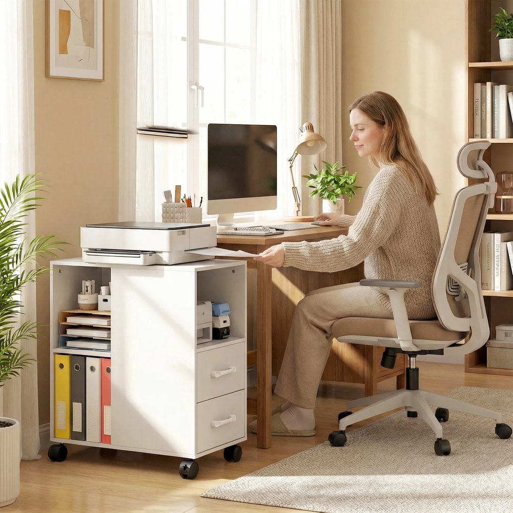 HOMCOM Măsuță de Living cu Roți, 2 Sertare, Raft Deschis și Poliță Reglabilă, Măsuță pentru Dormitor sau Living, 60x30x65 cm, Alb | Aosom Romania