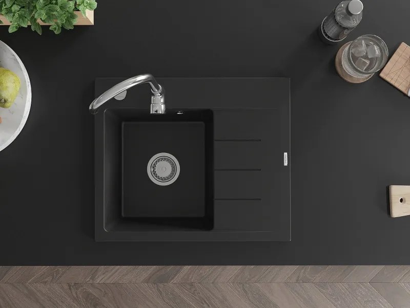 Mexen Ben chiuvetă de granit cu 1 compartiment și scurgător, stânga 600 x 500 mm, negru, sifon cromat - 6522605000-77