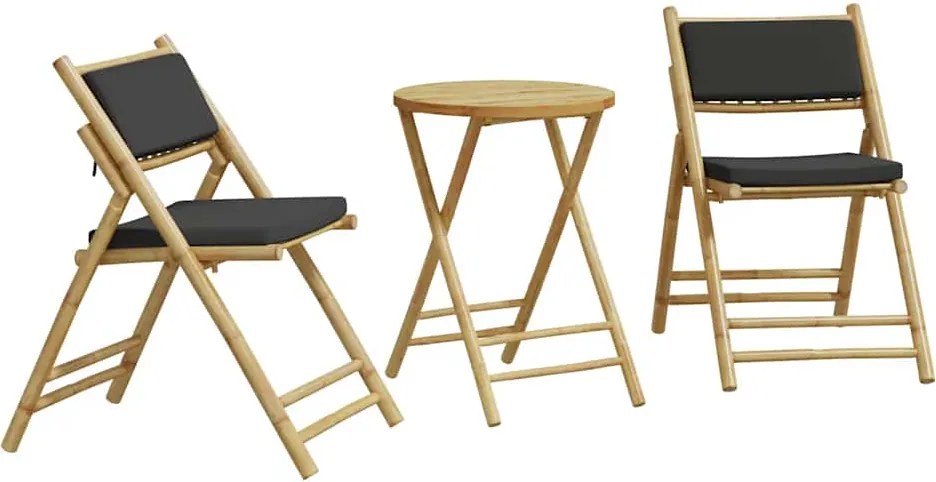 vidaXL Set de bistro pliabil, 3 piese, cu perne gri închis, bambus