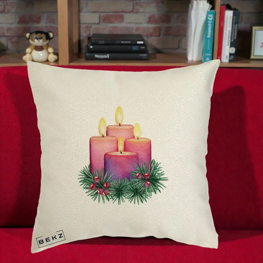 Perna Decorativa Lumanari Advent Roz-Violet, 40x40 cm, Ecru, Husa Detasabila, Perna Inclusa, BEKZ®