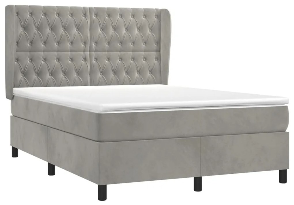 Pat box spring cu saltea, gri deschis, 140x190 cm, catifea Gri deschis, 140 x 190 cm, Design cu nasturi