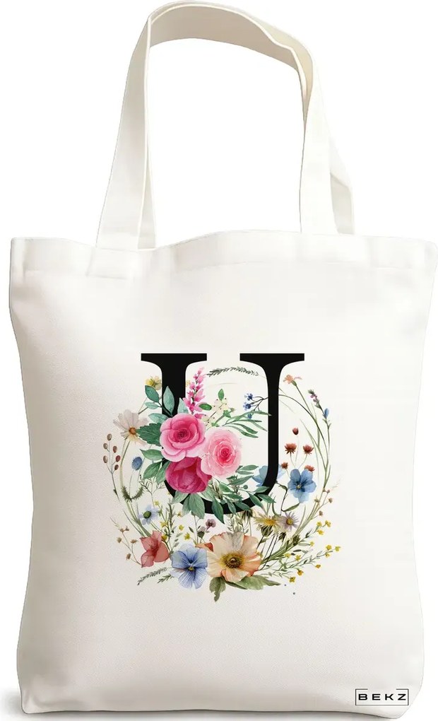 Sacosa de Panza pentru Cumparaturi, Geanta Tote, Cu litera U in Coronita Florala, 38x34.5 cm, Alba, BEKZ®