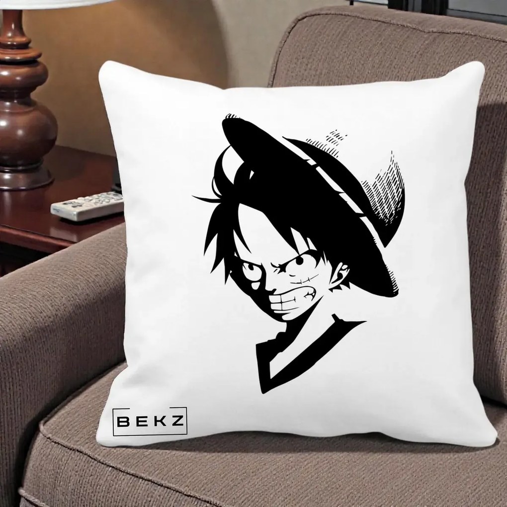 Perna Personalizata One Piece Luffy Silueta Alb-Negru, 40x40 cm, Alba Mata, Husa Detasabila, Perna Inclusa, BEKZ®