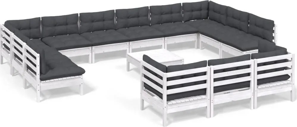 vidaXL Set mobilier de grădină cu perne, 14 piese, alb, lemn masiv pin