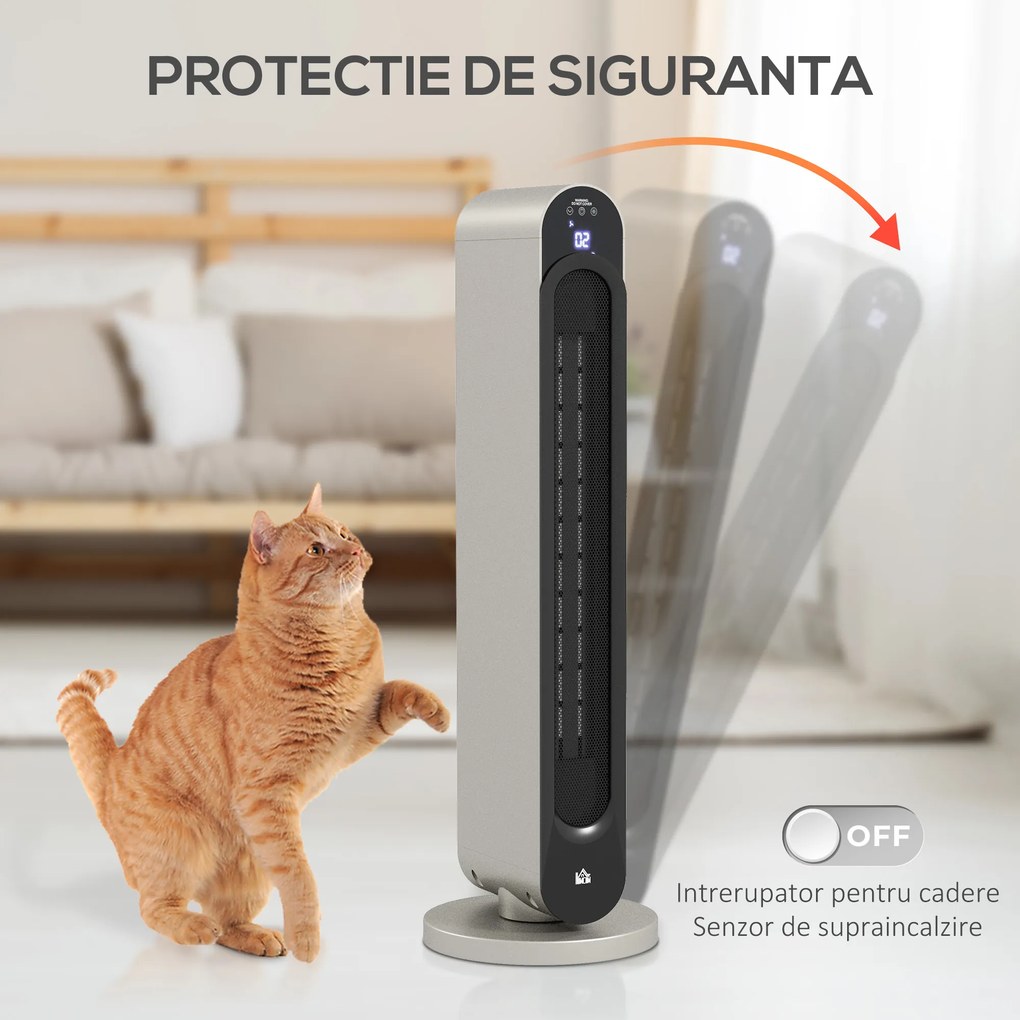 HOMCOM Incalzitor Electric Oscilant cu 3 Moduri de Incalzire, cu ventilator, Temperatura Reglabila, Telecomanda Ø25x73.5 cm, Argintiu | Aosom Romania