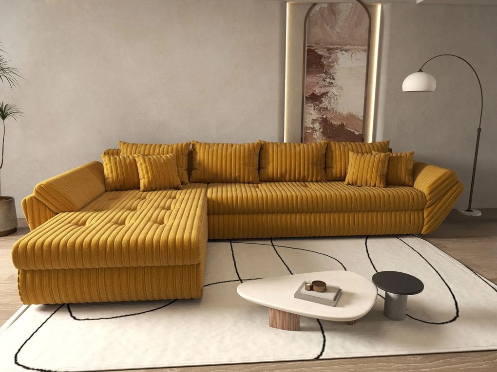 Colțar extensibil dumonde cu ladă de depozitare si sezut confortabil din spuma high-density, Loana XL Ambience Mustar 335x185 cm