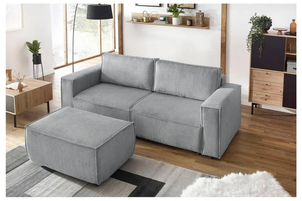 Taburet gri deschis cu tapițerie din catifea reiată Nihad – Bobochic Paris