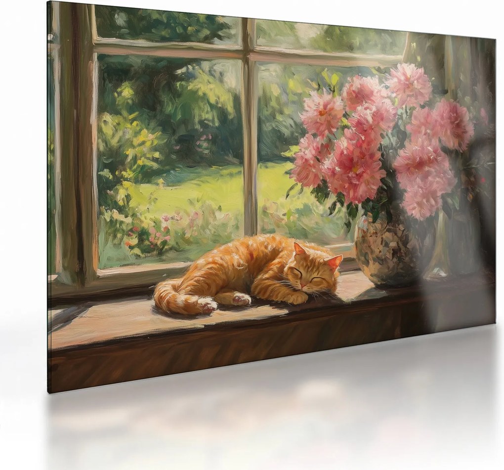 Tablou pe sticlă - Pisică la fereastră (70x50 cm)