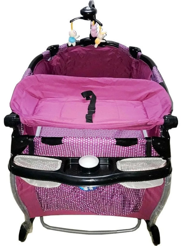 Patut Pliant rotund cu balansoar, Tarc copii Baby Care™ ROUND NEST, Pliabil pe 2 Niveluri cu muzica si Masa infasat, Jucarie Carusel cu jucarii din