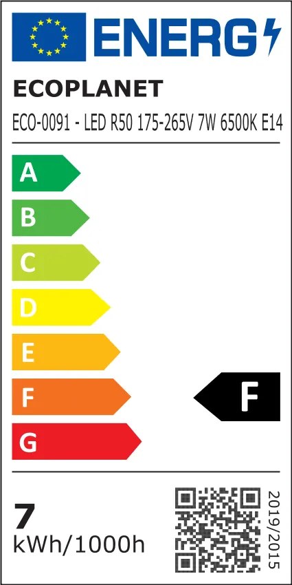 Set 10 buc - Bec Led Ecoplanet reflector R50, E14, 7W, 60W, 630LM, F, lumina rece 6500K, Mat Lumina rece - 6500K, 10 buc
