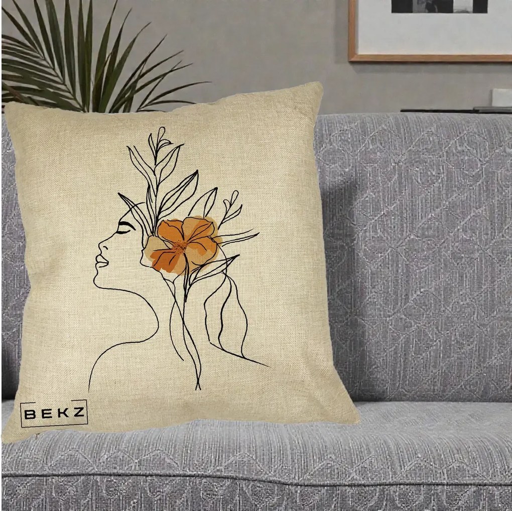 Perna Decorativa Portret Feminin Floare Portocalie Lateral, 40x40 cm, Crem, Husa Detasabila, Perna Inclusa, BEKZ®