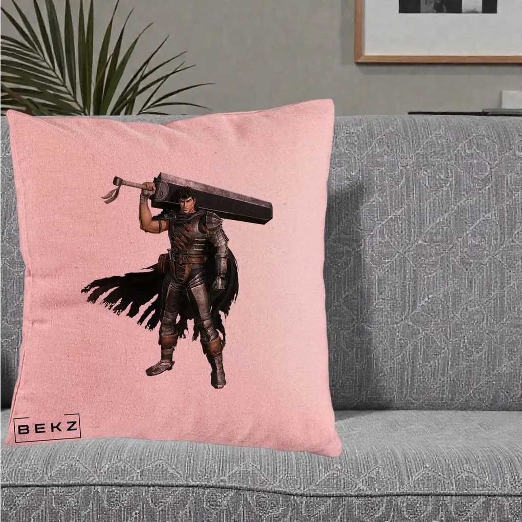 Perna Personalizata Berserk Guts Luptatorul Negru, 40x40 cm, Roz, Husa Detasabila, Perna Inclusa, BEKZ®