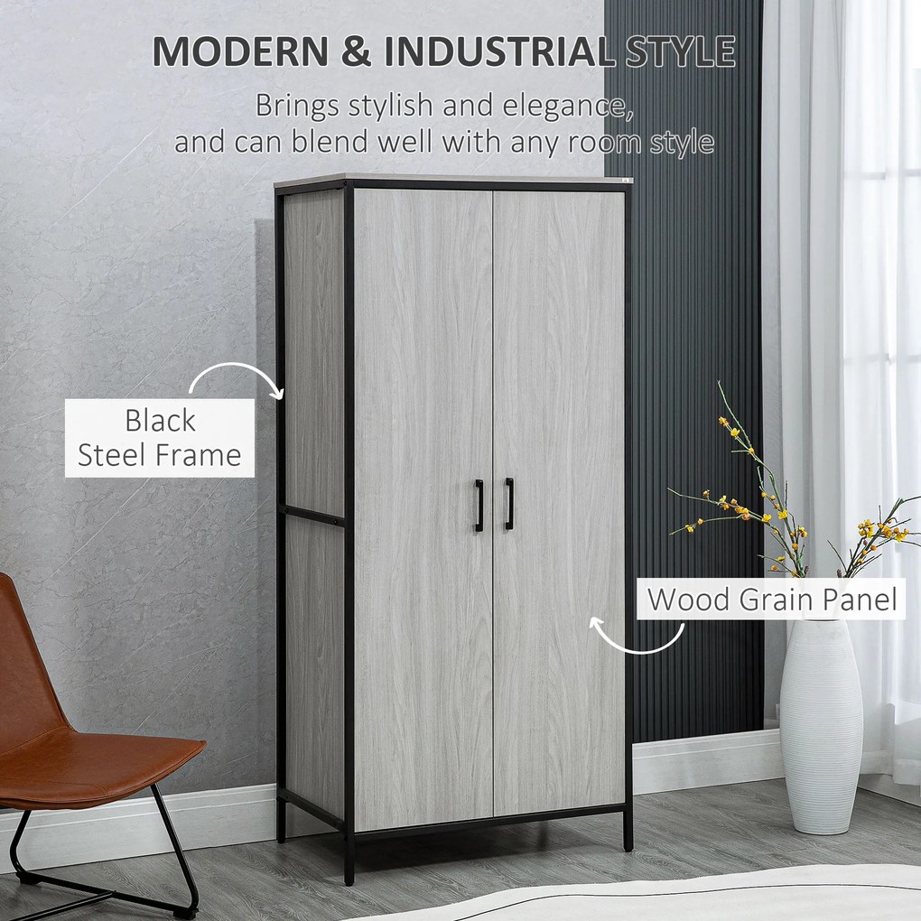 HOMCOM Dulap Industrial Modern pentru Organizare cu 2 Uși Gri Metalic 180cm pentru Living sau Birou | Aosom Romania