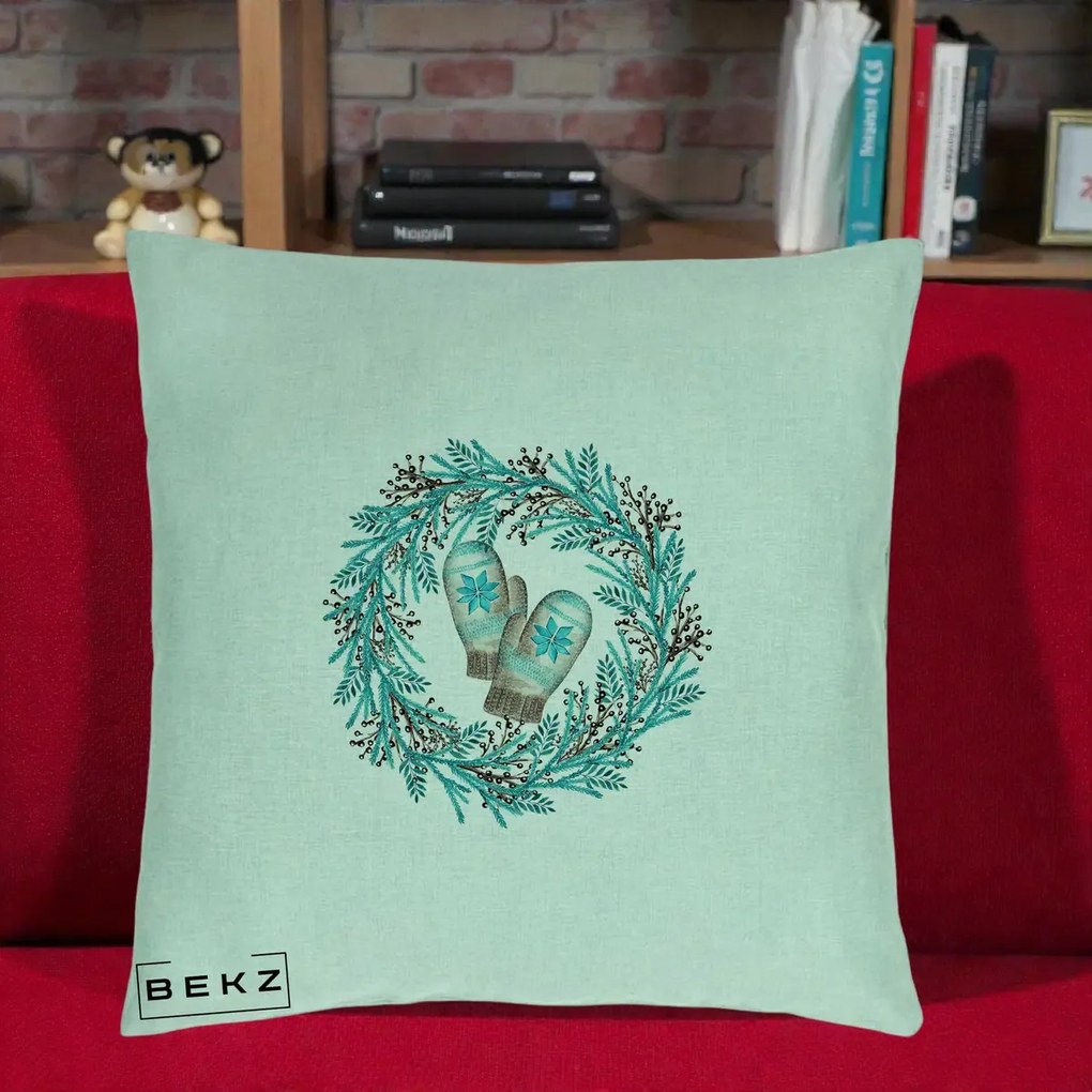 Perna Decorativa Coroana Turcoaz cu Manusi, 40x40 cm, Verde Menta, Husa Detasabila, Perna Inclusa, BEKZ®