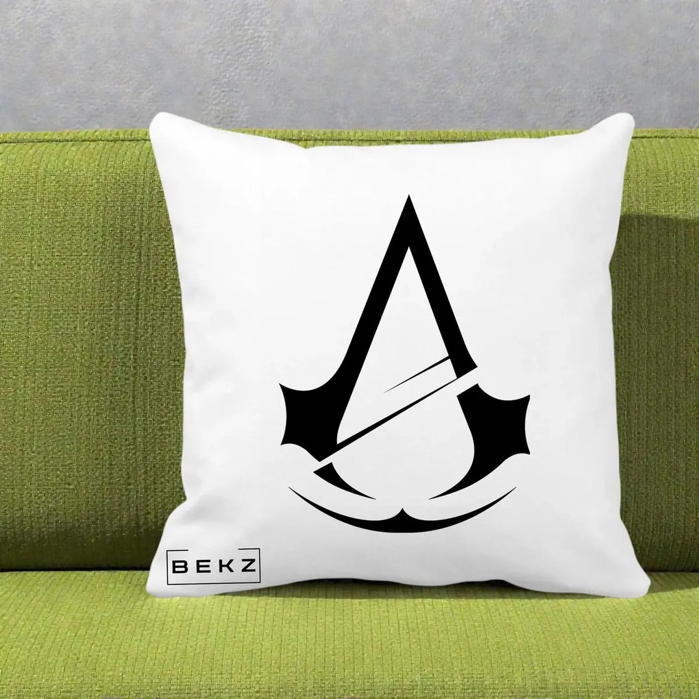 Perna Personalizata Assassin's Creed Minimalist, 40x40 cm, Alba Mata, Husa Detasabila, Perna Inclusa, BEKZ®