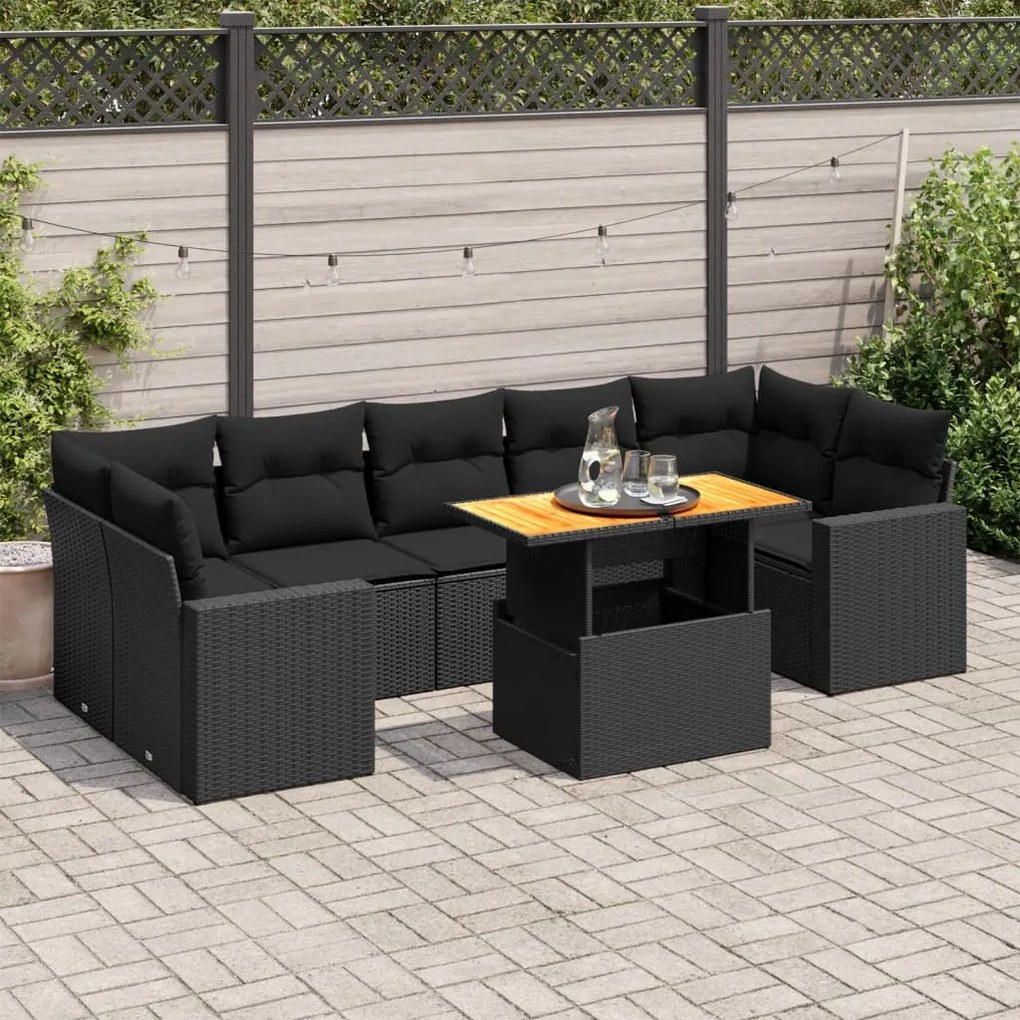 3327009 vidaXL Set mobilier de grădină cu perne, 8 piese, negru, poliratan