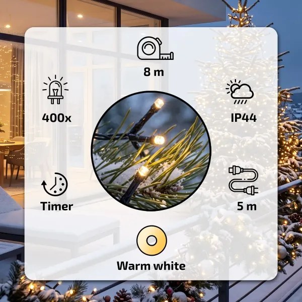 BRILAGI - Ghirlandă LED exterioară de Crăciun, 400 LED, 13 m, IP44, alb cald