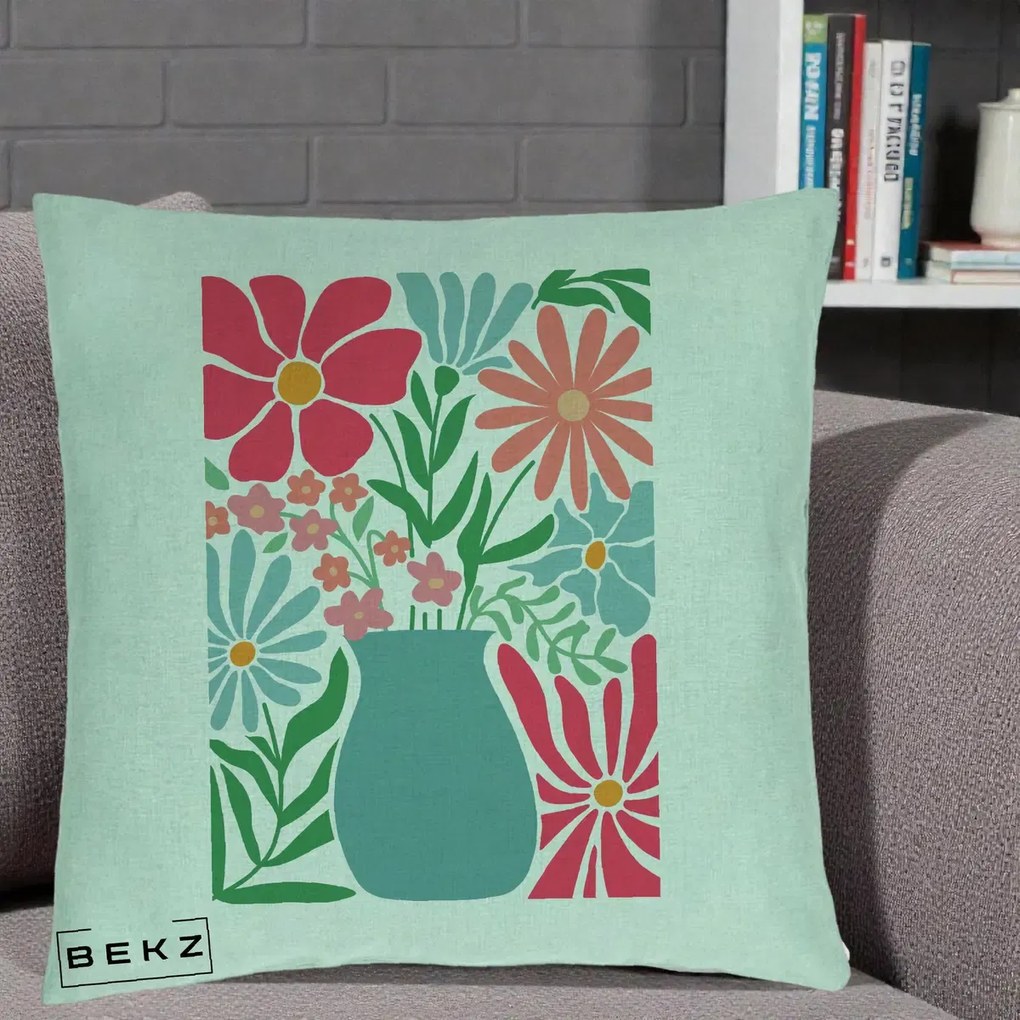 Perna Decorativa Flori in Vaza Turcoaz, 40x40 cm, Verde Menta, Husa Detasabila, Perna Inclusa, BEKZ®