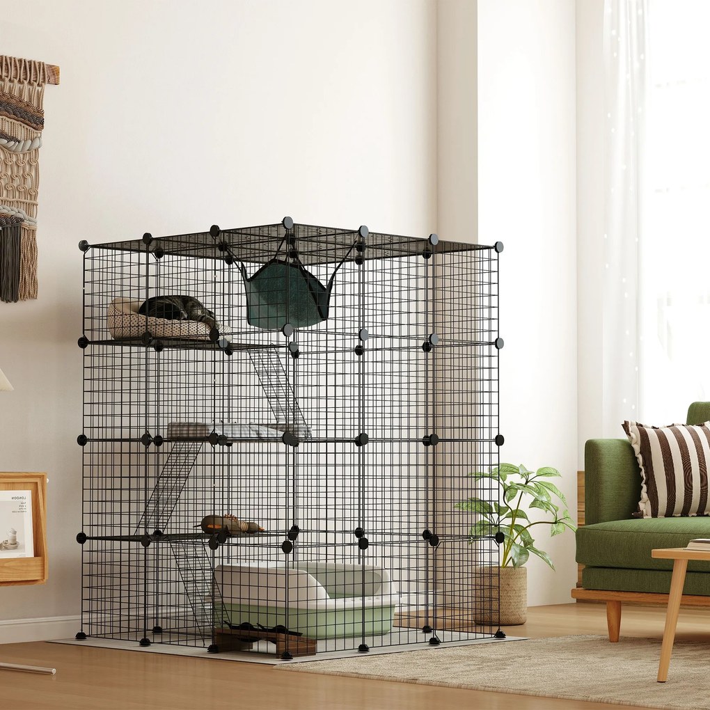 PawHut Căsuță pentru Pisici cu 4 Nivele, 3 Platforme de Sărit, Rampe, 5 Uși și Covoare Antiderapante, 105x105x140 cm, Negru | Aosom Romania