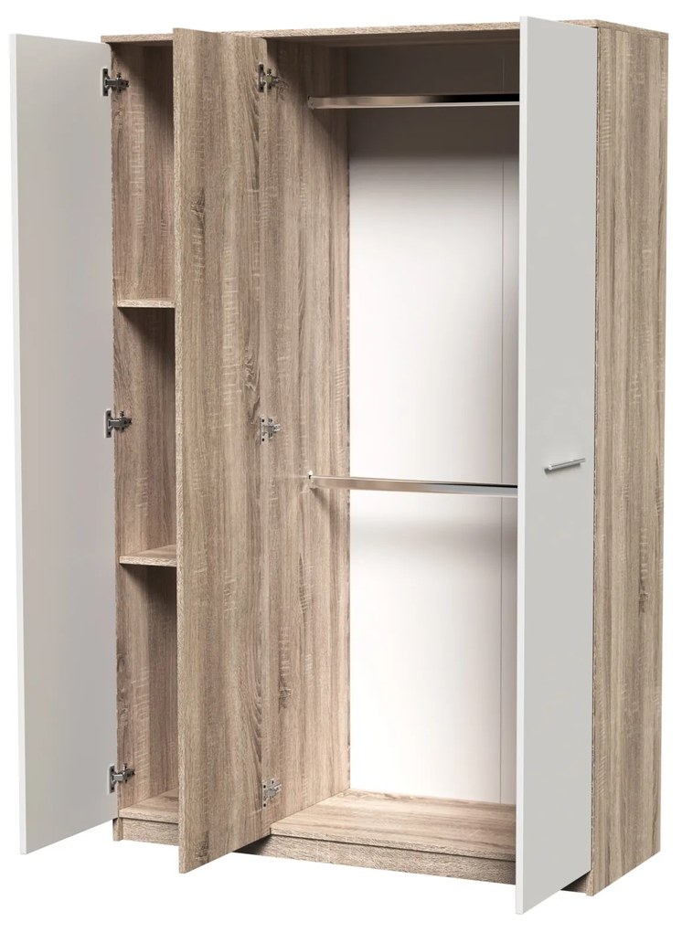Dormitor Luiza 3U5P, culoare sonoma / alb, cu pat standard 140 x 200 cm, dulap cu 3 usi, comoda si 2 noptiere