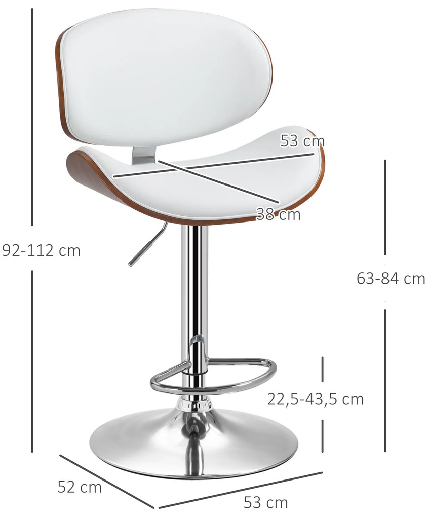 HOMCOM Set de 2 scaune de bar taburet înălțime reglabilă cu înveliș sintetic 53 x 52 x 92-112 cm alb | Aosom Romania