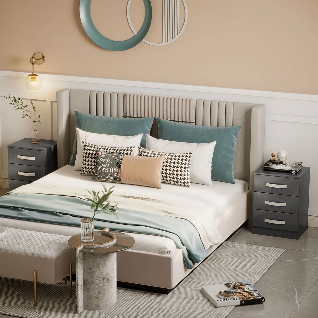 HOMCOM Noptiere, 2 Piese cu 3 Sertare, pentru dormitor si sufragerie Elegant si Modern, 40x36x56cm, Gri | Aosom Romania