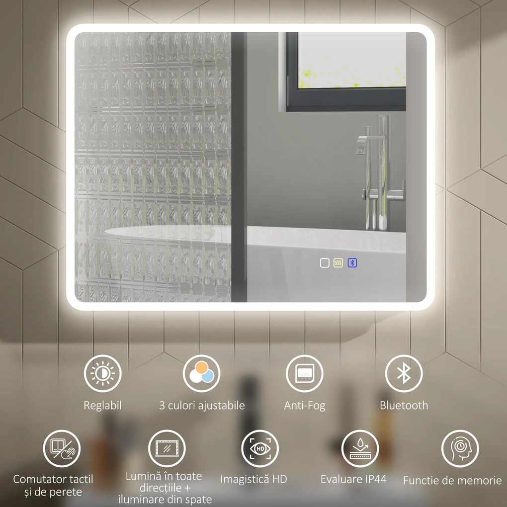 HOMCOM Oglindă de baie LED bluetooth 70 x 90 cm interruptor tactil lumină reglabilă 3 culori anti-abur memorie argintiu | Aosom Romania