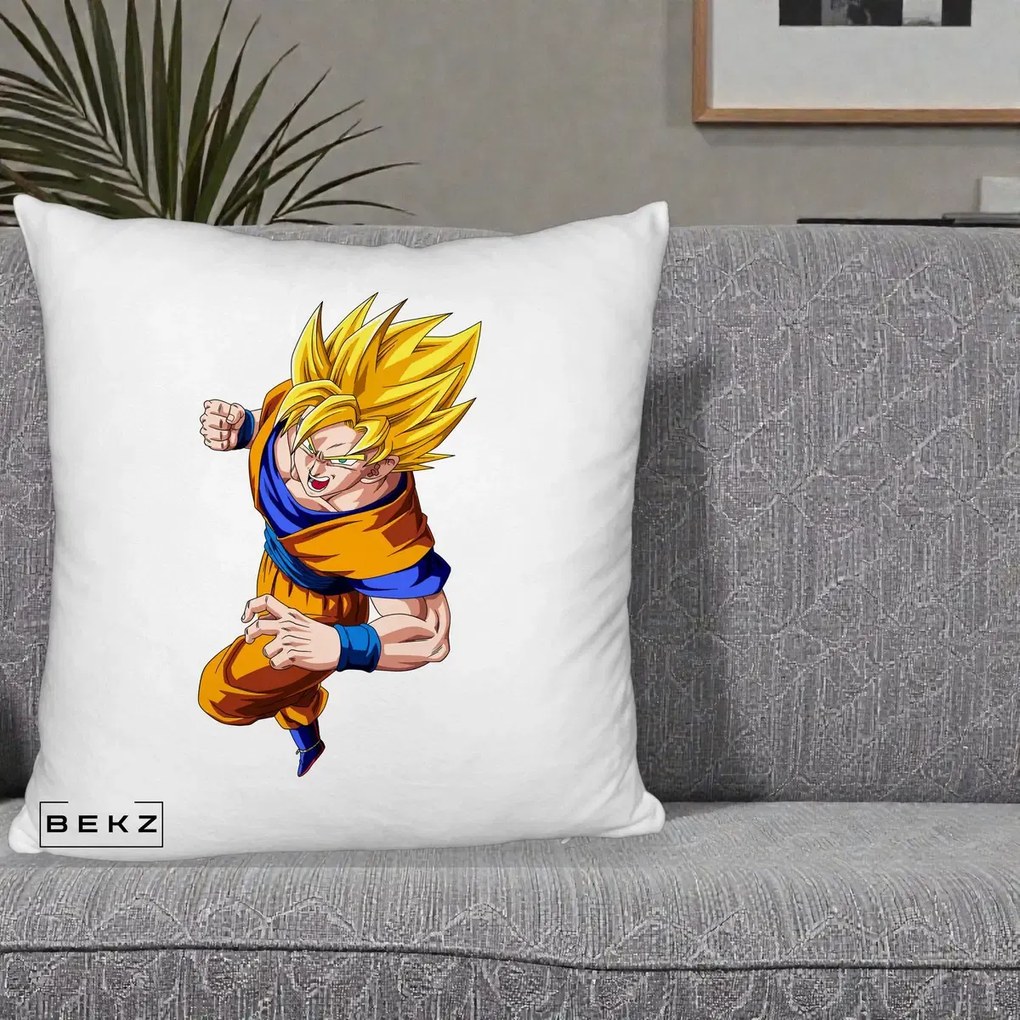 Perna Personalizata Dragon Ball Goku Super Saiyan 2 Lupta, 40x40 cm, Alb Pufos, Husa Detasabila, Perna Inclusa, BEKZ®