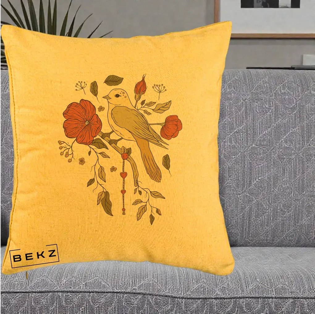 Perna Decorativa Pasare pe Ramura cu Maci, 40x40 cm, Galben, Husa Detasabila, Perna Inclusa, BEKZ®