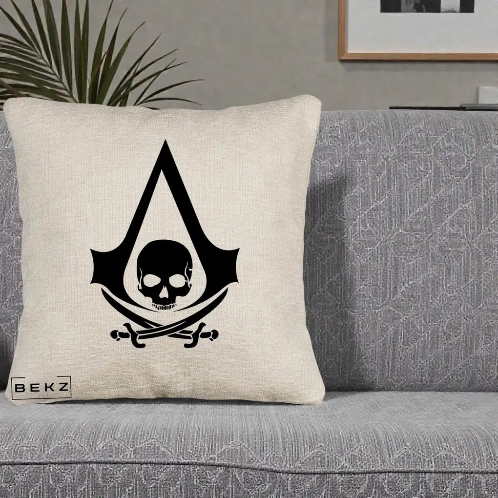 Perna Personalizata Assassin's Creed Black Flag Skull, 40x40 cm, Bej Canapea, Husa Detasabila, Perna Inclusa, BEKZ®