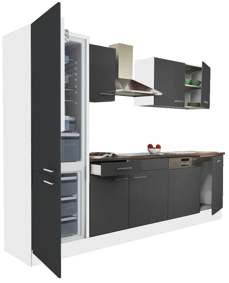 Mobilă de bucătărie Yorki 280, corp alb, față antracit satinat, frigider cu congelator jos