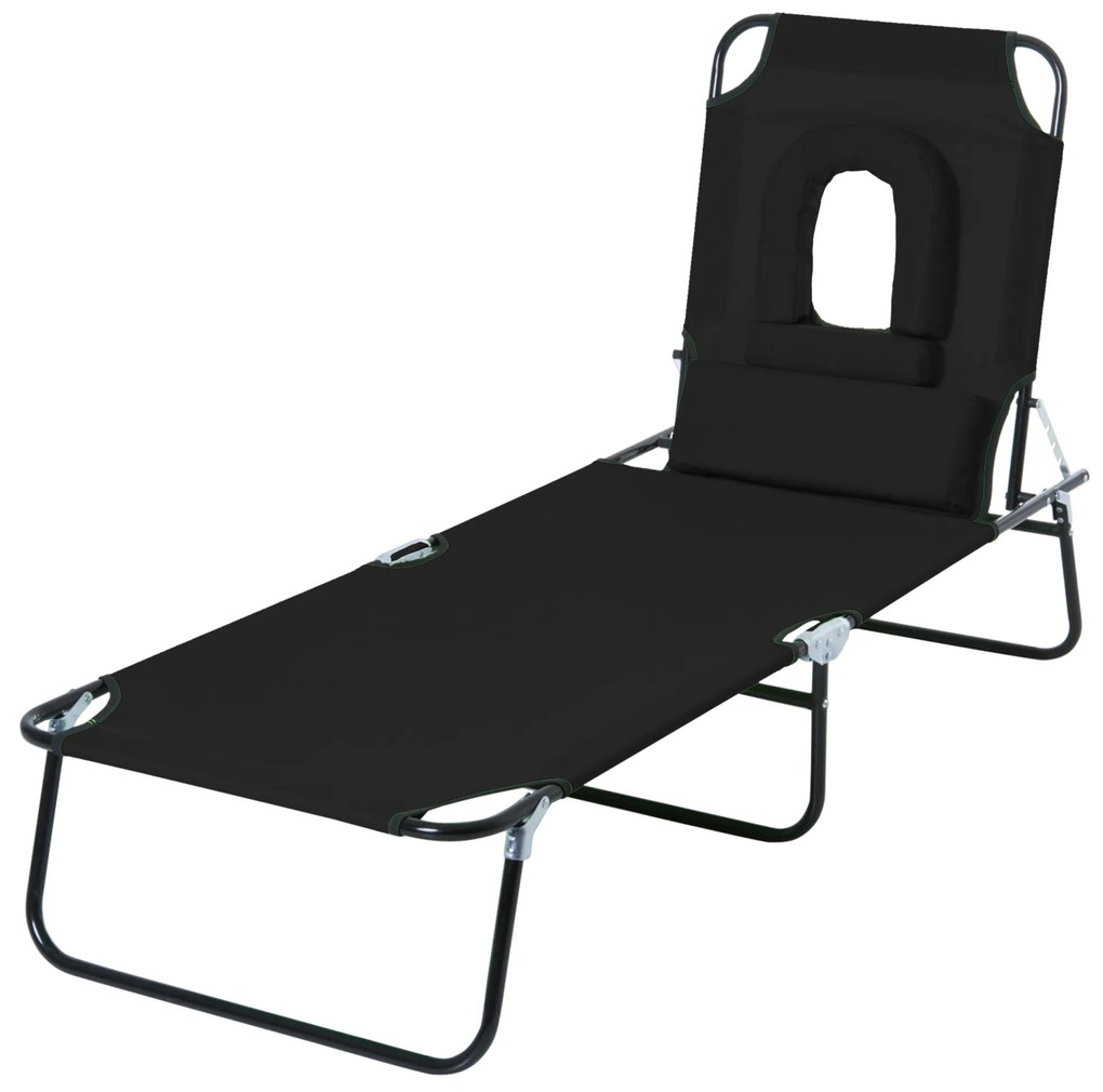 Sezlong Pliabil Outsunny cu Orificiu pentru Fata si Perne, pentru Gradina, Plaja si Camping, Negru | Aosom Romania