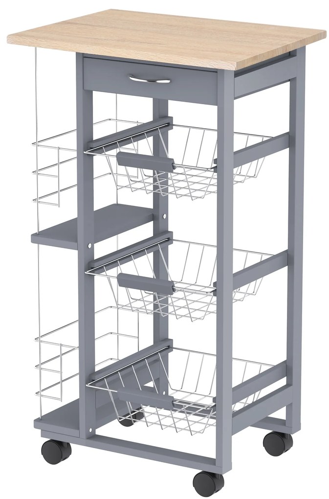 HOMCOM Carucior Bucatarie Multifunctional cu 3 Sertare Detasabile 2 Suporturi Sticle Lemn de Pin Metal 47x37x83cm Stejar Gri | Aosom Romania