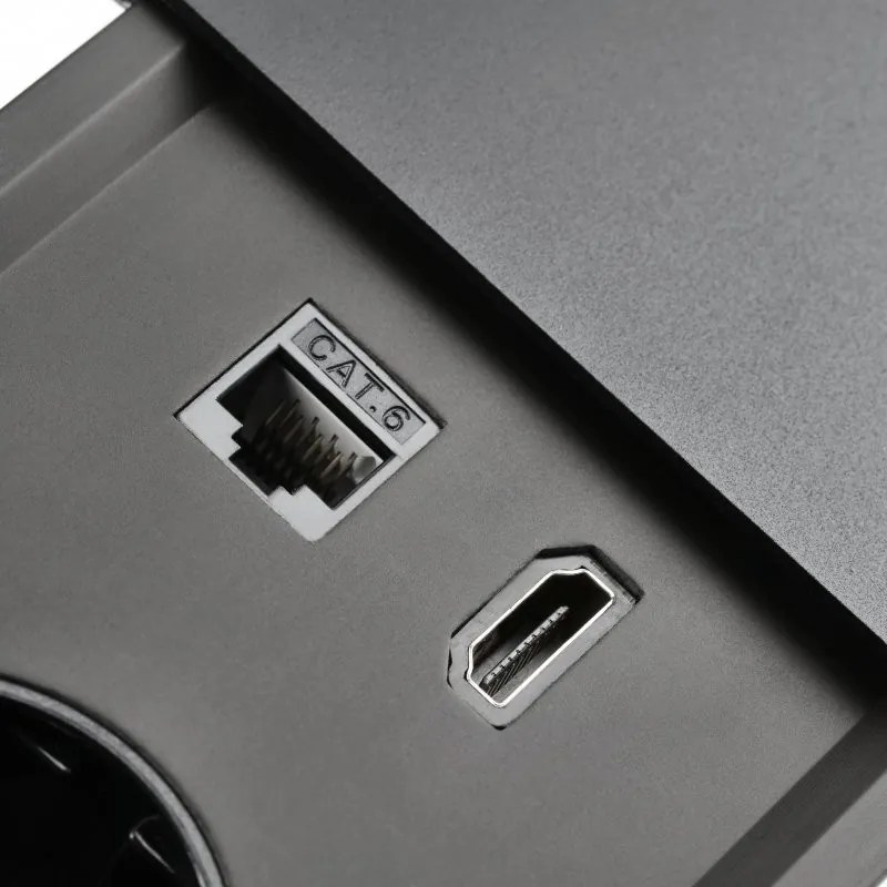Priză încorporabilă în blat Prestino GTV, 2 prize Schuko, USB A + C, HDMI, RJ45, negru, 310 x 100 mm Aluminiu/ plastic, Negru, L:310 mm; l:100 mm;