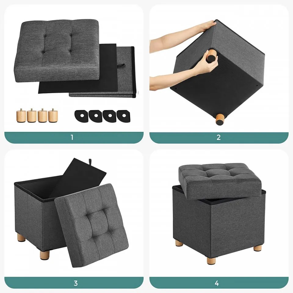 Taburet cu capac si spatiu depozitare, textil / MDF, gri, Songmics