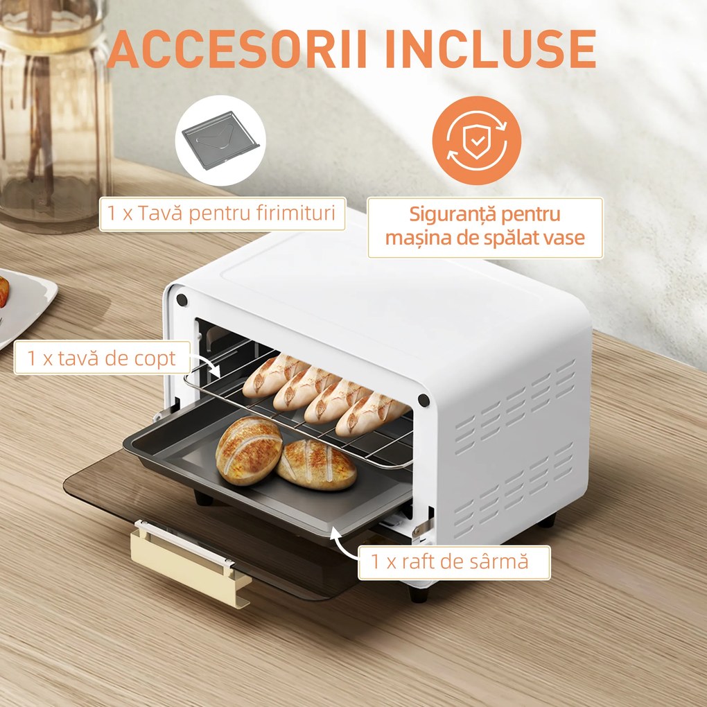 HOMCOM Cuptor Electric cu 2 Înălțimi cu Temporizator și Temperatură Reglabilă, 31,5x27,7x22,7 cm, Alb | Aosom Romania